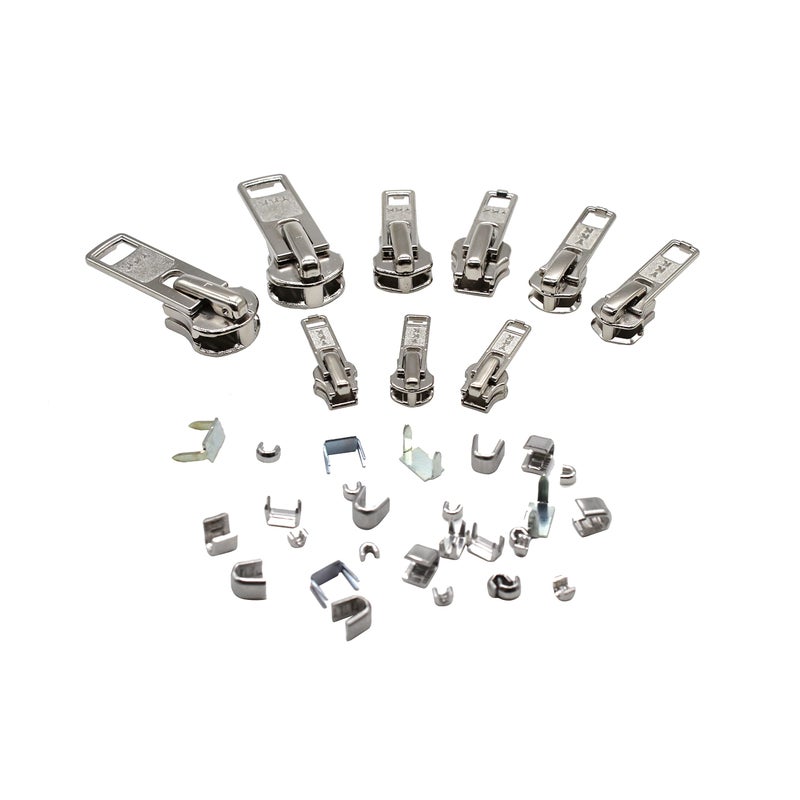 YKK ZipperStop Wholesale - Zipper Repair Kit Solution 9 Sets YKK Auto Lock Sliders Assorted 3 of #3, 2 of #5, 2 of #7 and 2 of #10 Included Top & Bottom Stops Made in USA (YKK Aluminum Auto Lock Sliders) - Image 1
